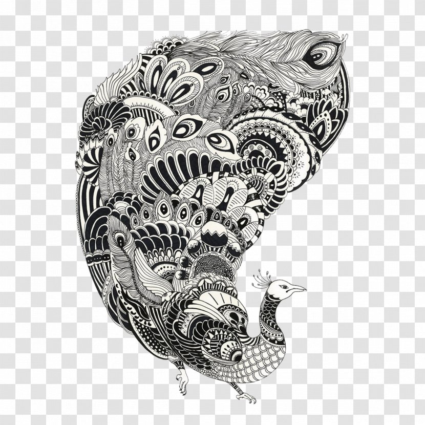 Visual Arts Black And White Painting Motif Illustration - Peacock Transparent PNG