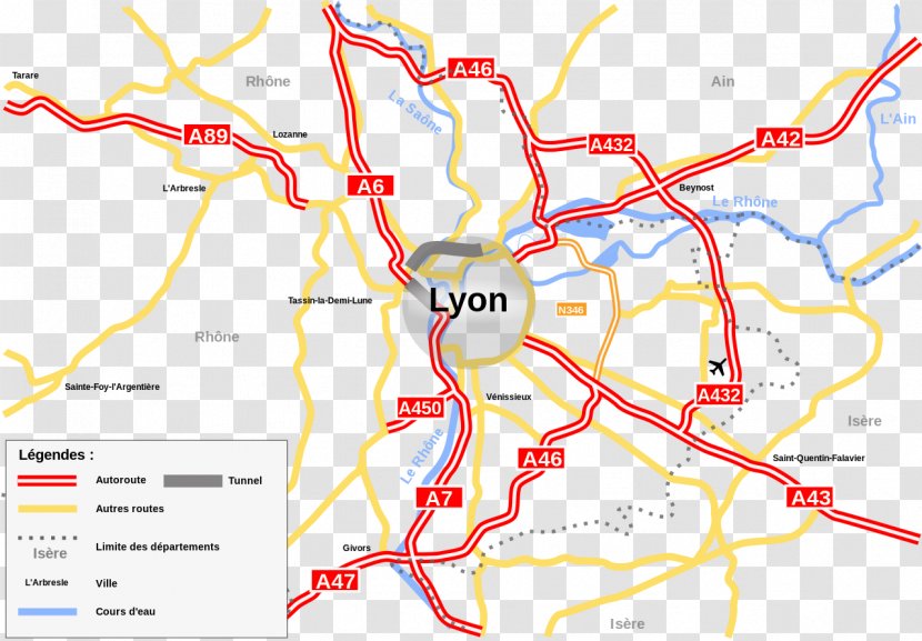 Lyon Map Road Controlled-access Highway Autoroutes Of France - Silhouette Transparent PNG