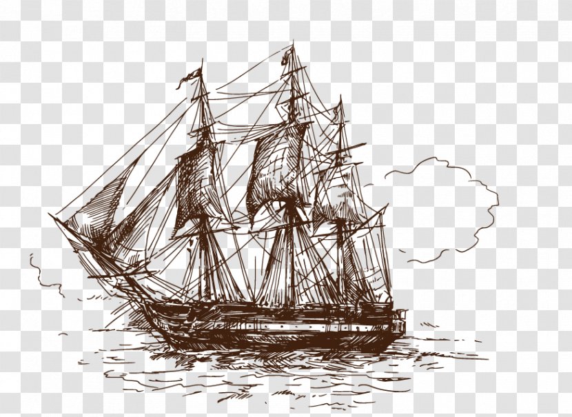T-shirt Drawing Ship Stock Photography Royalty-free - Black And White - Hand-painted Sailing Boat Transparent PNG