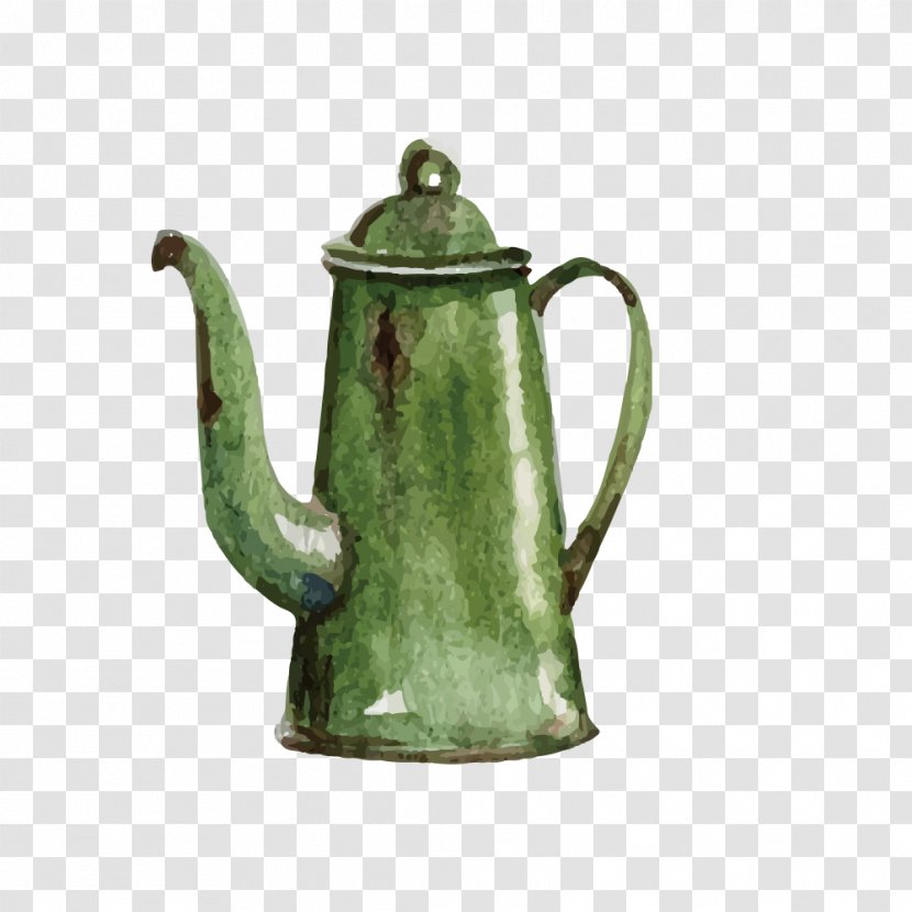 Green Tea Teapot - Ceramic - Art Painted Retro Kettle Vector Material Transparent PNG