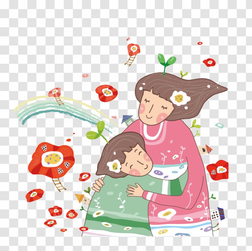 Cartoon Hug Illustration - Child - Mother Holding A In The Flowers Transparent PNG