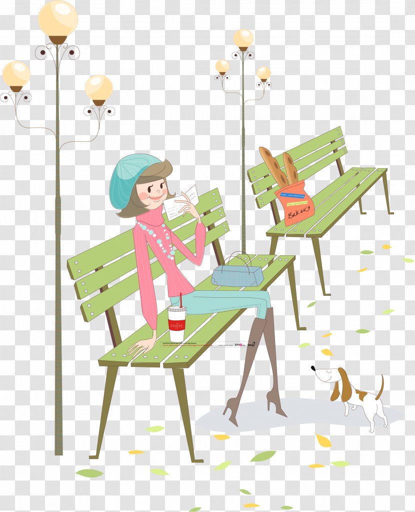 Bench Chair Park - Green - Cartoon Woman On A Transparent PNG