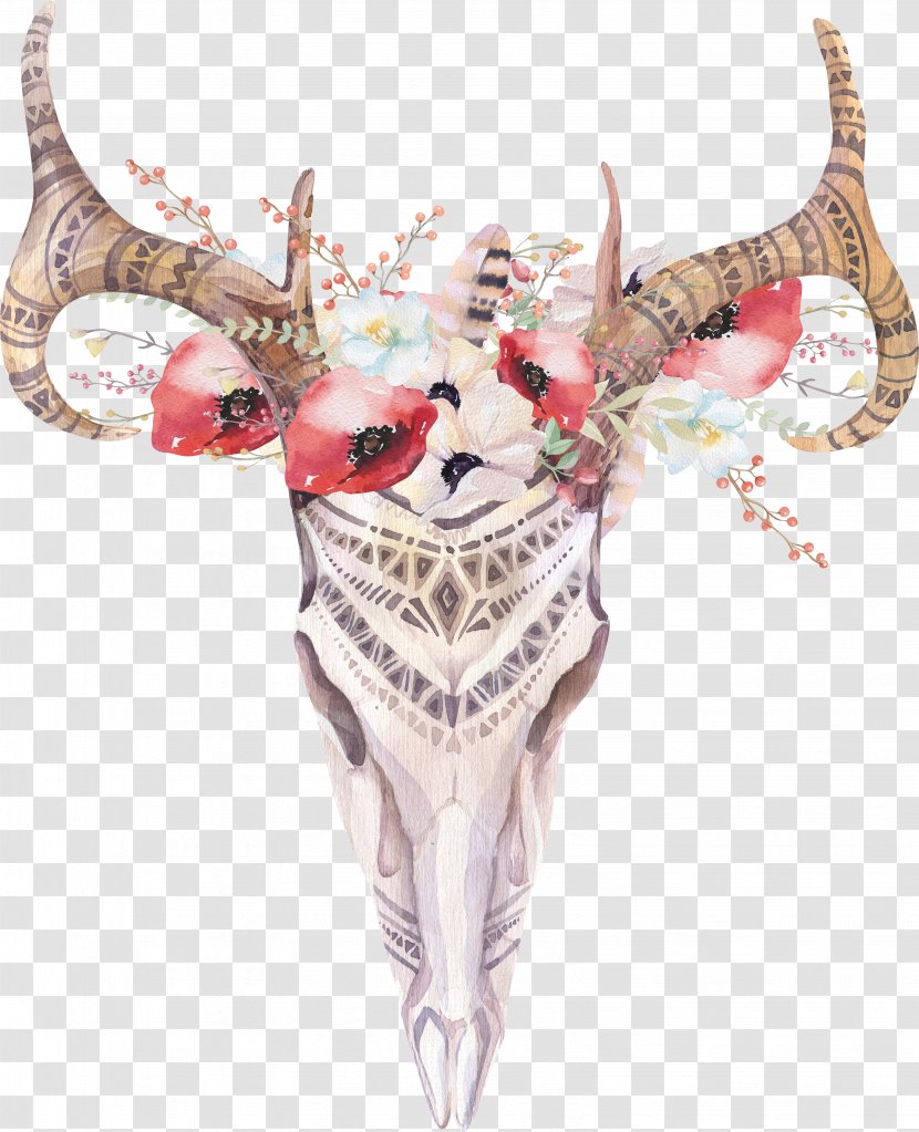 Bohemianism Watercolor Painting Boho-chic Image Mural - Antlers With Flowers Transparent PNG
