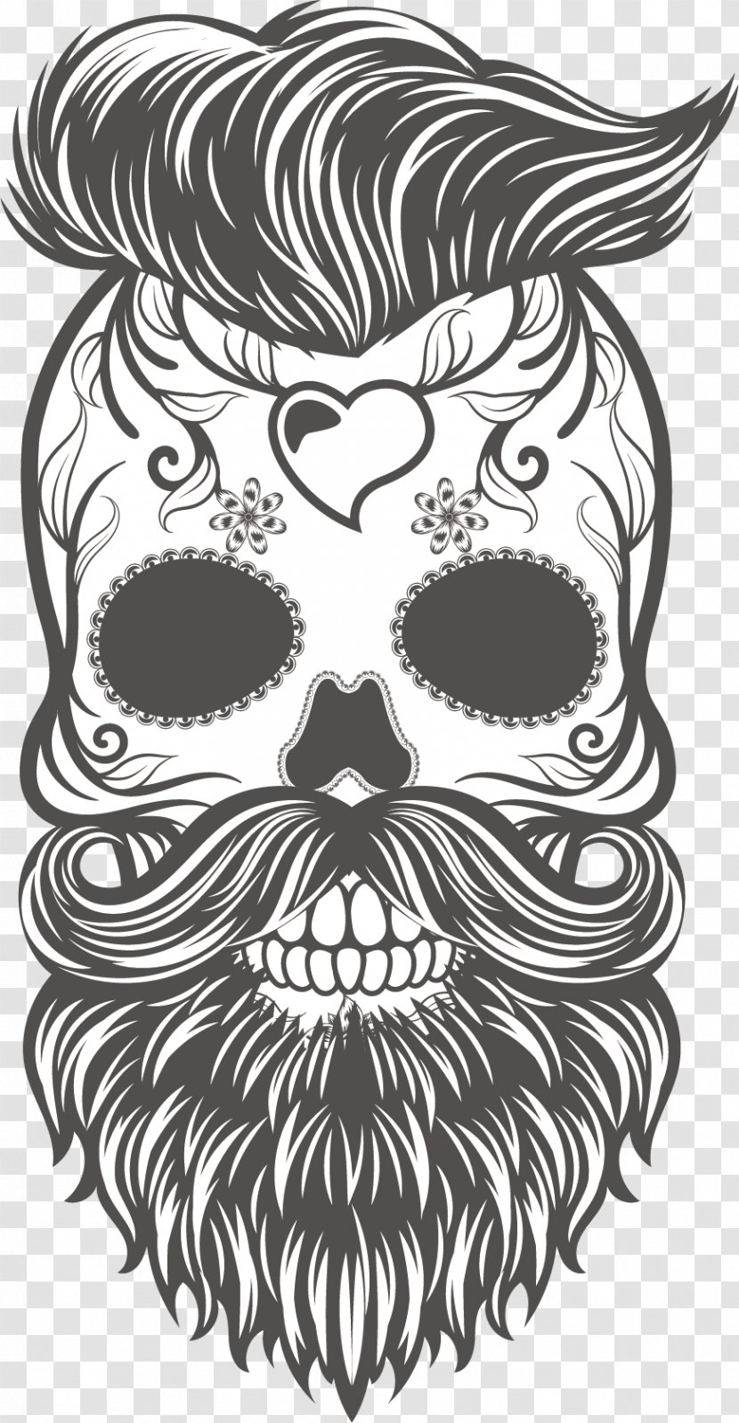 Calavera Skull Hipster Beard Sticker - Vector Hand Painted Black And White Transparent PNG