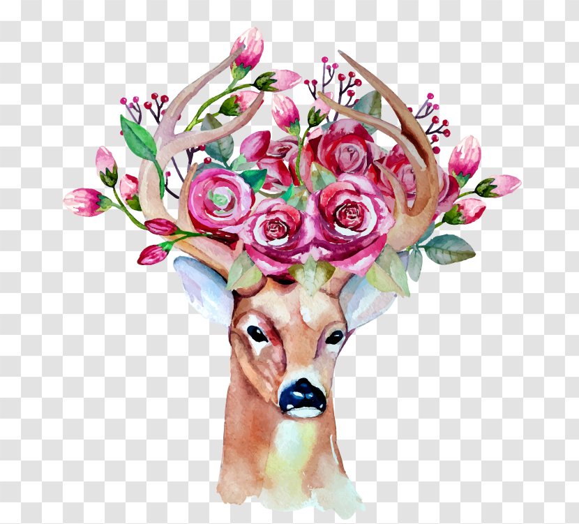 Deer Wedding Invitation Drawing Watercolor Painting - Flower Transparent PNG