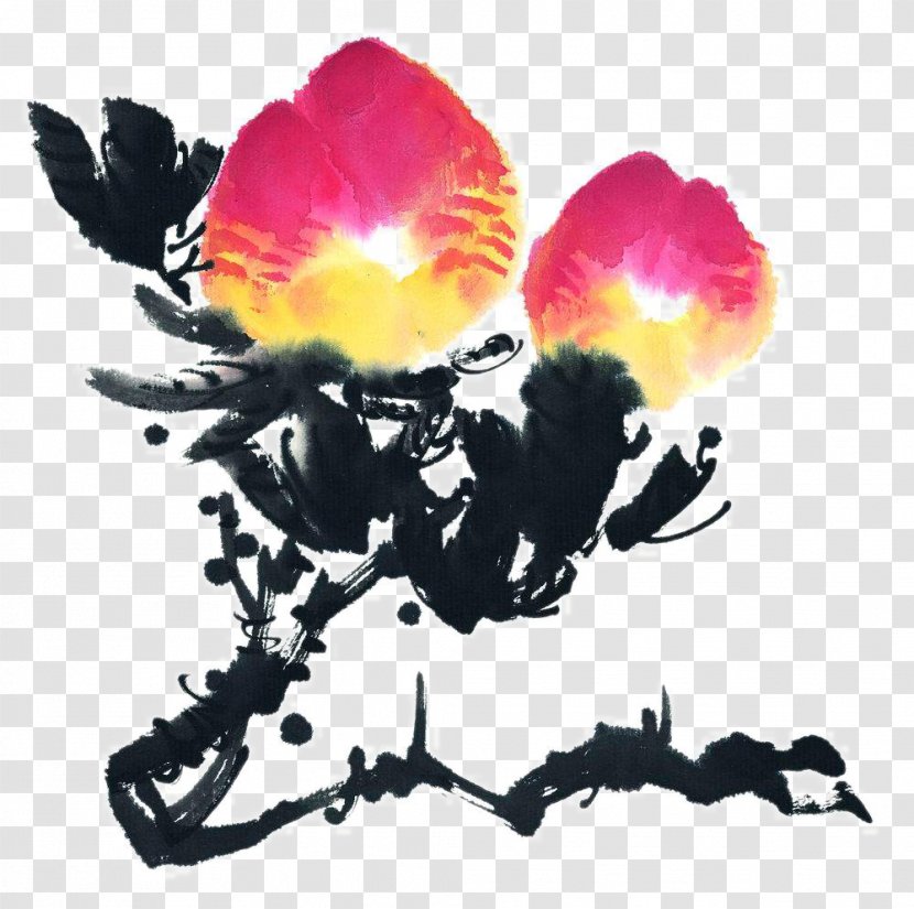 Longevity Peach Ink Wash Painting Watercolor Chinese - Flowering Plant - Freehand Transparent PNG