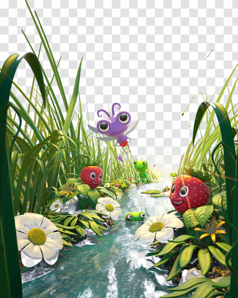 Floral Design Download - Cut Flowers - Hand-painted Cartoon Happy Strawberry Grass Frog Transparent PNG
