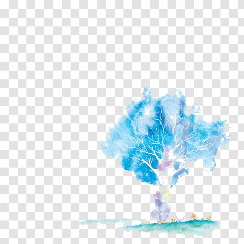An Oak Tree Watercolor Painting Illustration - Azure - Blue Picture Material Transparent PNG