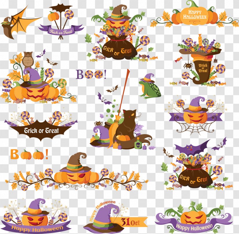 Halloween Jack-o'-lantern Clip Art - Pumpkin - Vector Cartoon Elements Transparent PNG