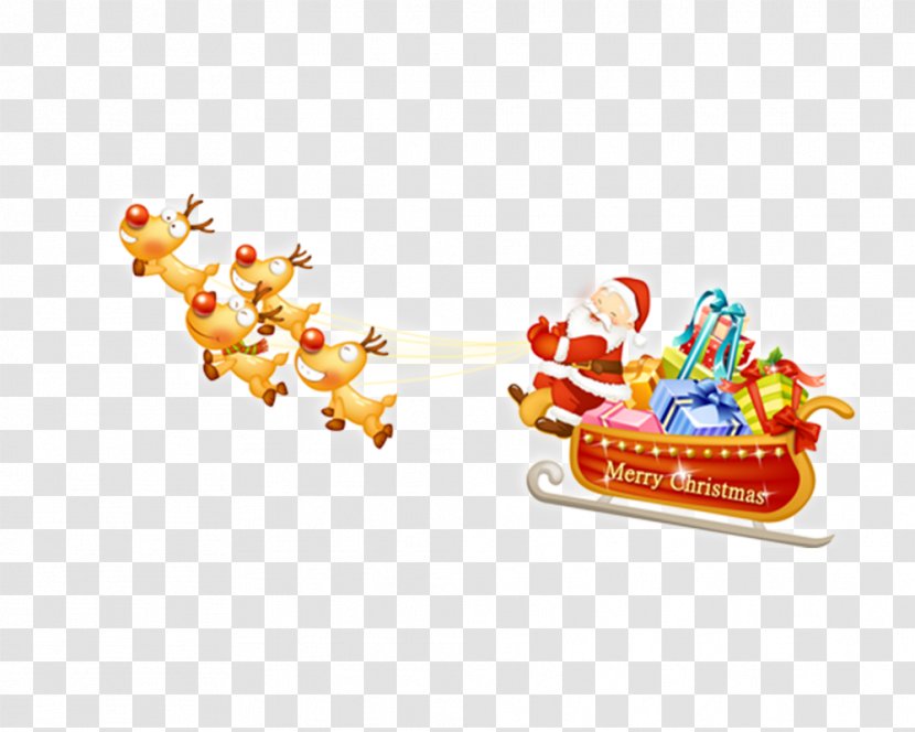 Santa Claus Reindeer Gift Christmas - Ornament - Pulling Santa's Gifts Transparent PNG