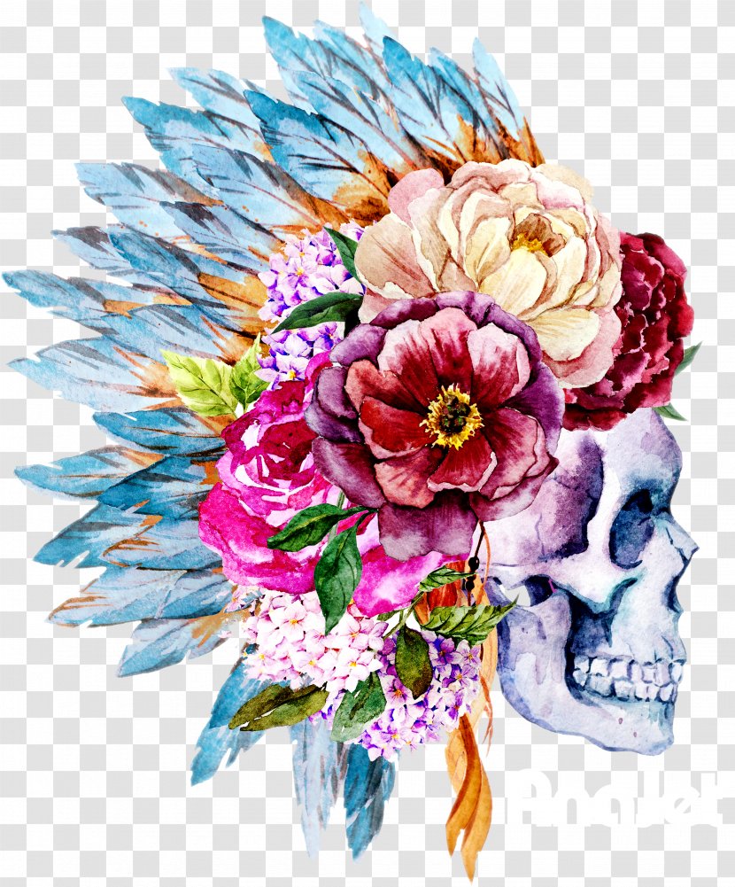 Watercolor Painting Skull Boho-chic Flower Transparent PNG