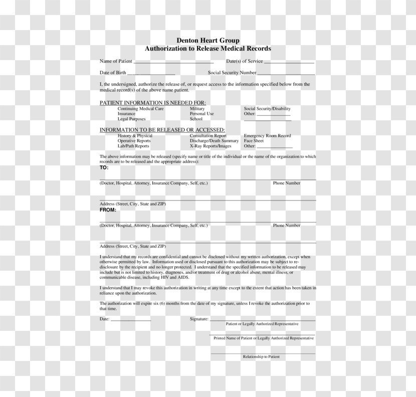 Medical Record Release Of Information Department Medicine Template - Text - Doc Resume Transparent PNG