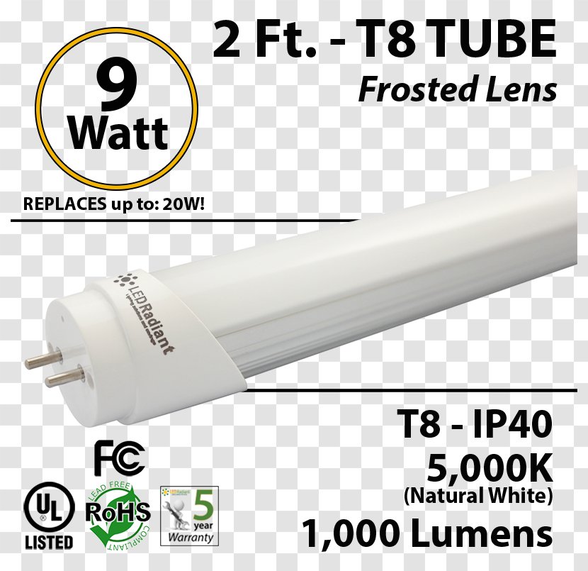 Lighting LED Tube Lamp Fluorescent - Luminous Efficiency Transparent PNG