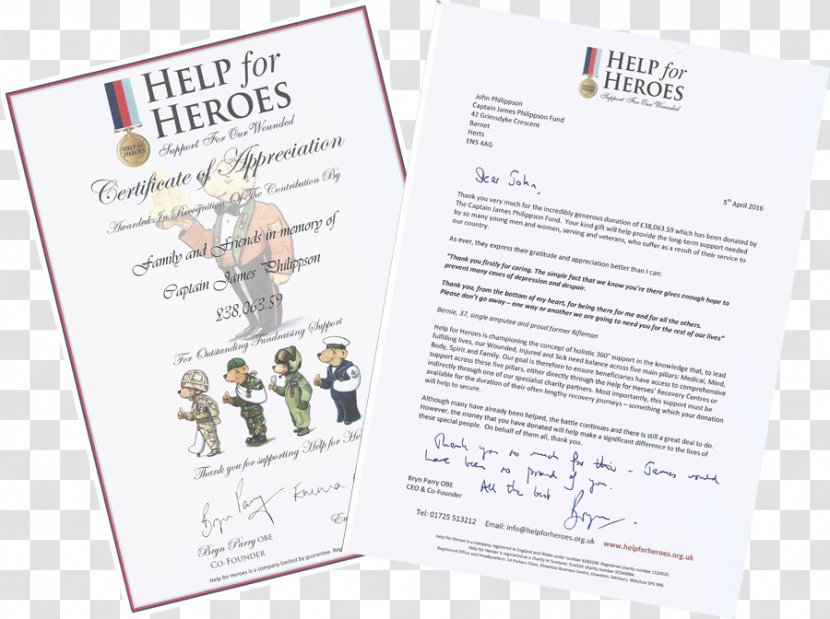 HELP FOR HEROES A5 D Otter House Brand - Appreciation Certificate Transparent PNG