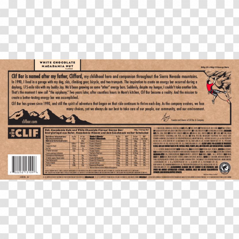 Chocolate Brownie Clif Bar & Company Nutrition Facts Label Energy Transparent PNG
