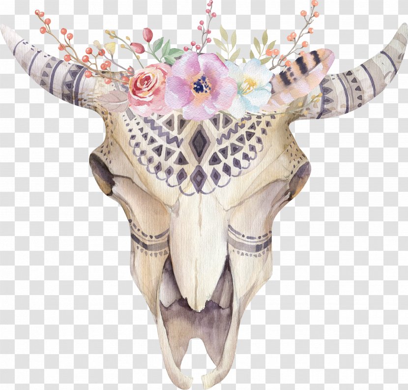 Boho-chic Watercolor Painting Flower Skull - Floral Design Transparent PNG