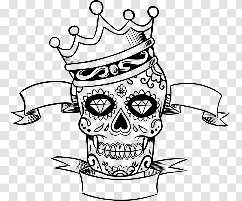 La Calavera Catrina Skull Day Of The Dead Coloring Book - Black And White - Crown Silhouette Transparent PNG
