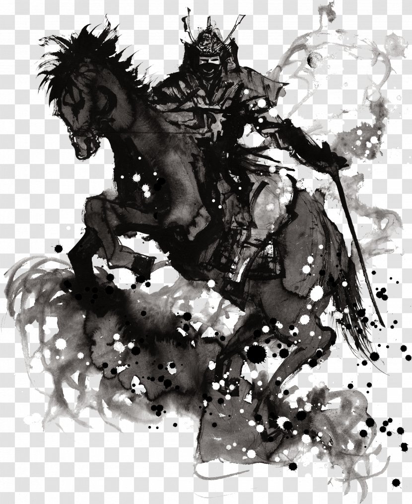 Samurai Illustration - Black And White - Japanese Ink Transparent PNG