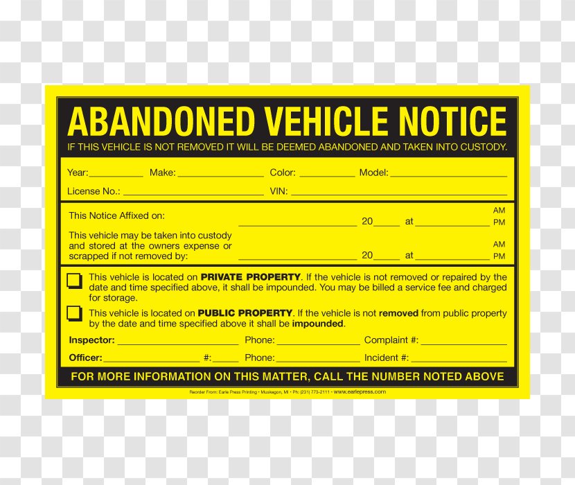 Car Abandoned Vehicle Sticker Parking Violation - Letterhead Design Transparent PNG