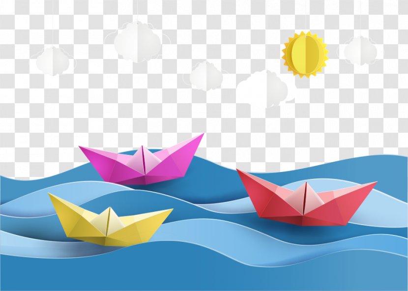 Paper Craft Sailboat Origami - Art - Vector Boat And Clouds Transparent PNG