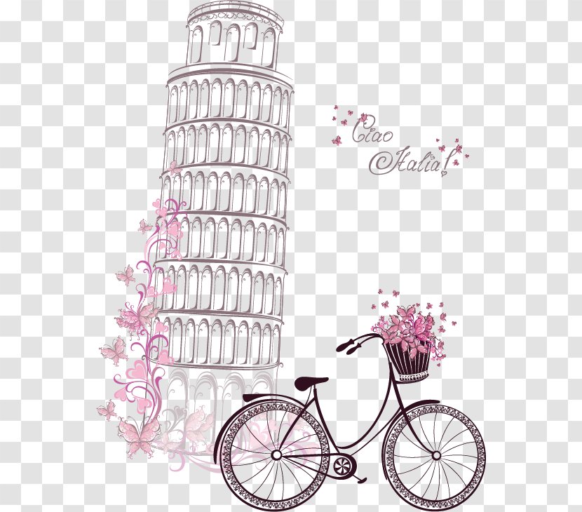 Eiffel Tower Symbol Paper - Bicycle - Hand-painted Watercolor Leaning Of Pisa And Bicycles Transparent PNG