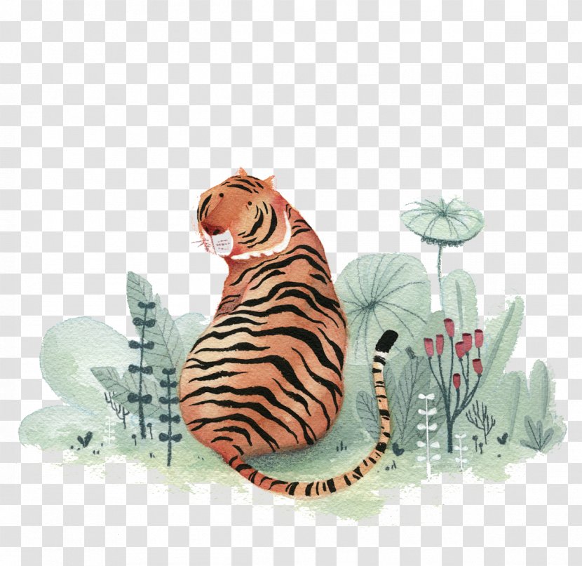 Drawing Watercolor Painting Illustration - Big Cats - Exquisite Gouache Tiger Lotus Transparent PNG