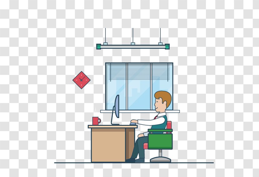 Desktop Computer Office - Cartoon - Man Sitting In Front Of Transparent PNG