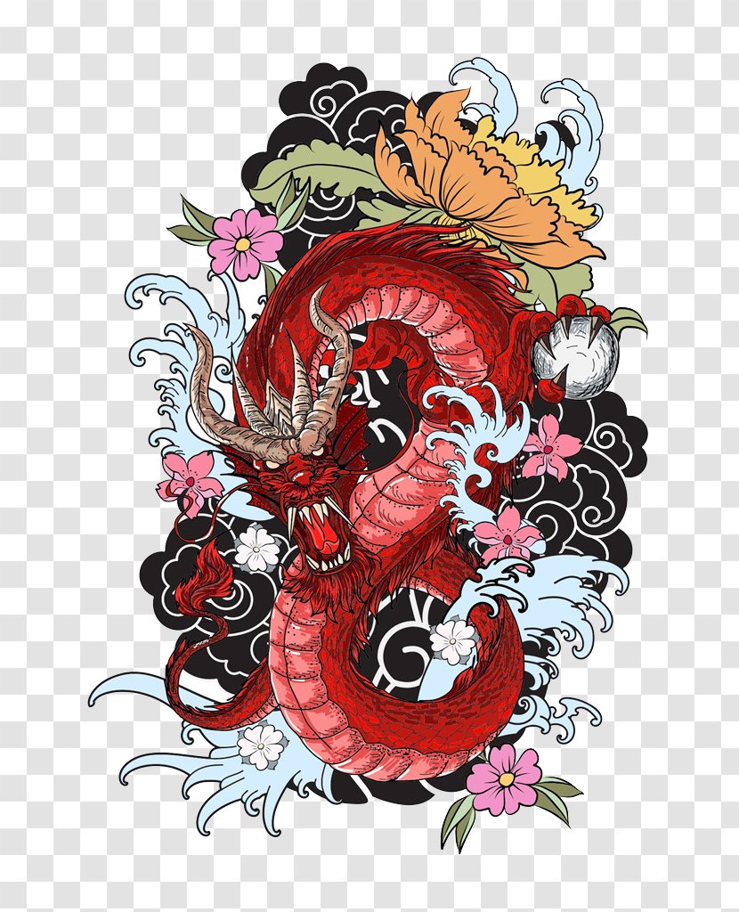 Tattoo Colouring Book Dragon Drawing - Flower - Red Transparent PNG