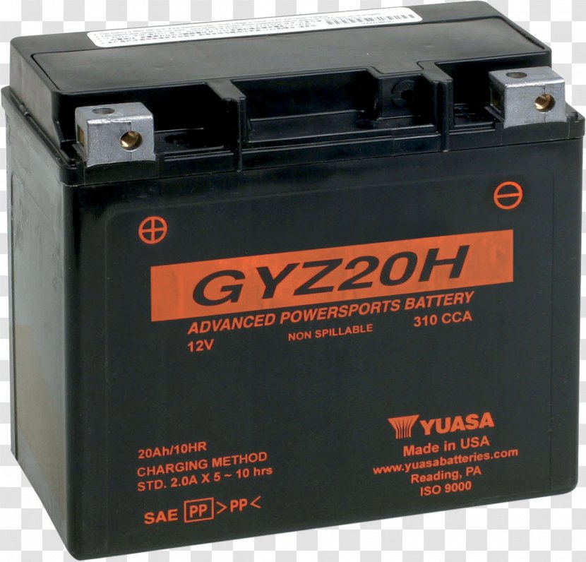 Electric Battery Yuasa GYZ20H 12V High Performance Maintenance Free VRLA Motorcycle GS - Power Supply - Terminals Transparent PNG
