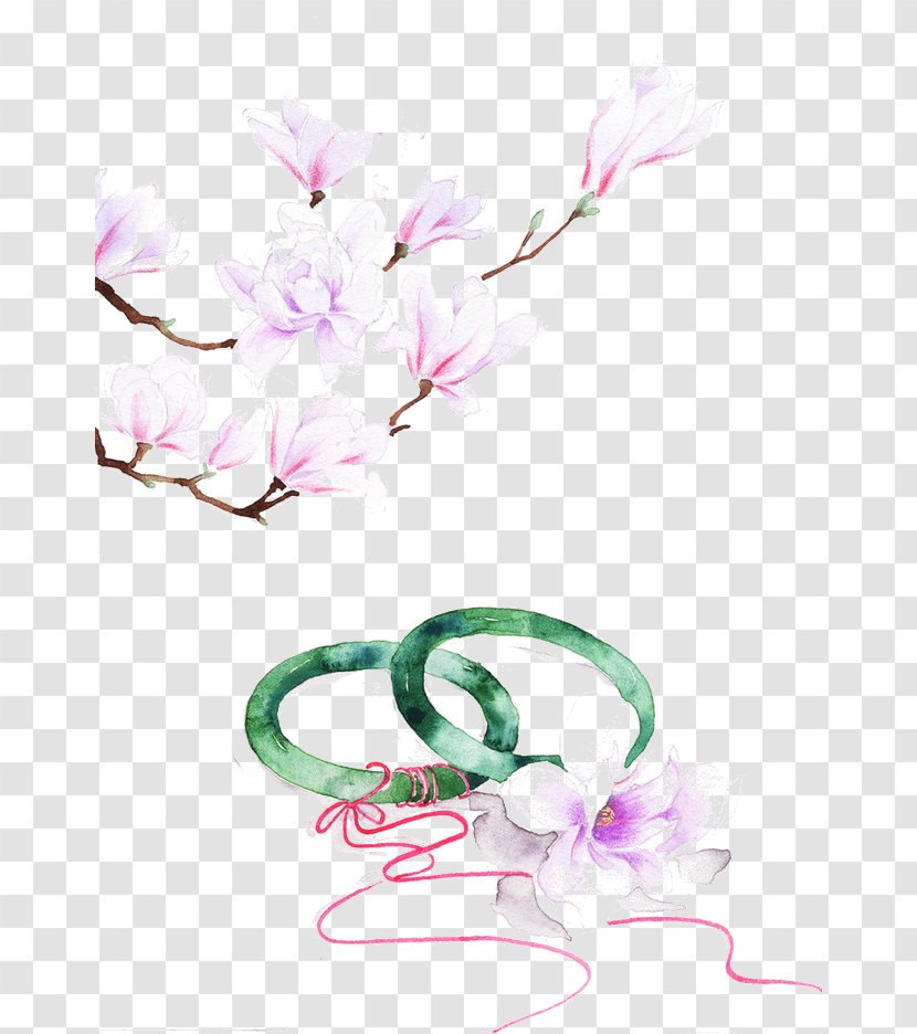Watercolor Painting Chinese Landscape Art - Floristry - Pink Flowers Emerald Green Transparent PNG
