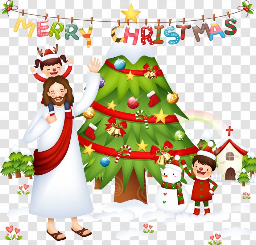 Christmas Tree Santa Claus Nativity Scene And Holiday Season - Fictional Character - With Jesus Transparent PNG