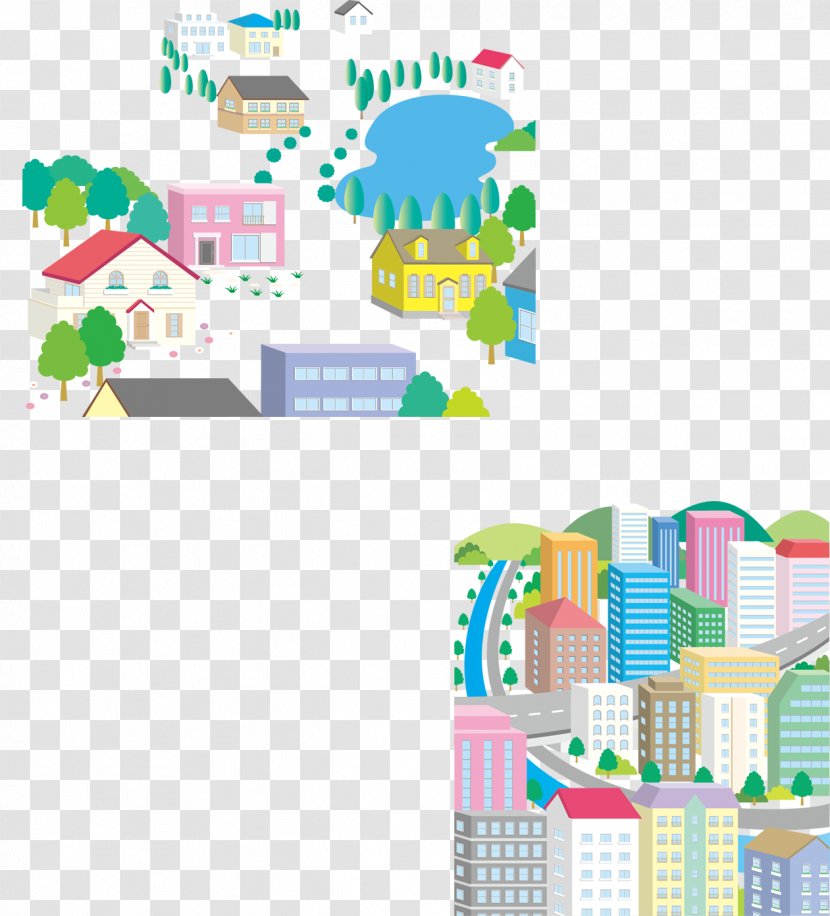 Rural Area Cartoon Illustration - City Buildings And Countryside Cottage Transparent PNG