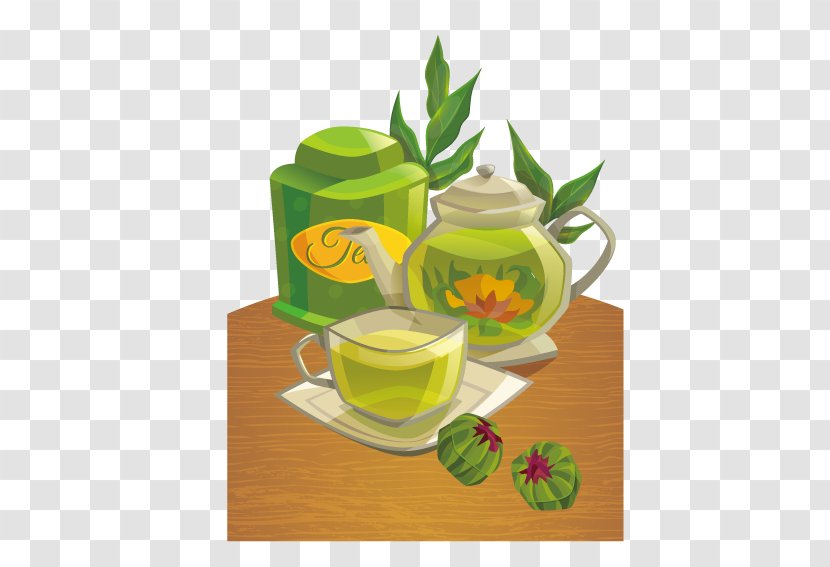 Green Tea Flowering Teacup - Cartoon Transparent PNG