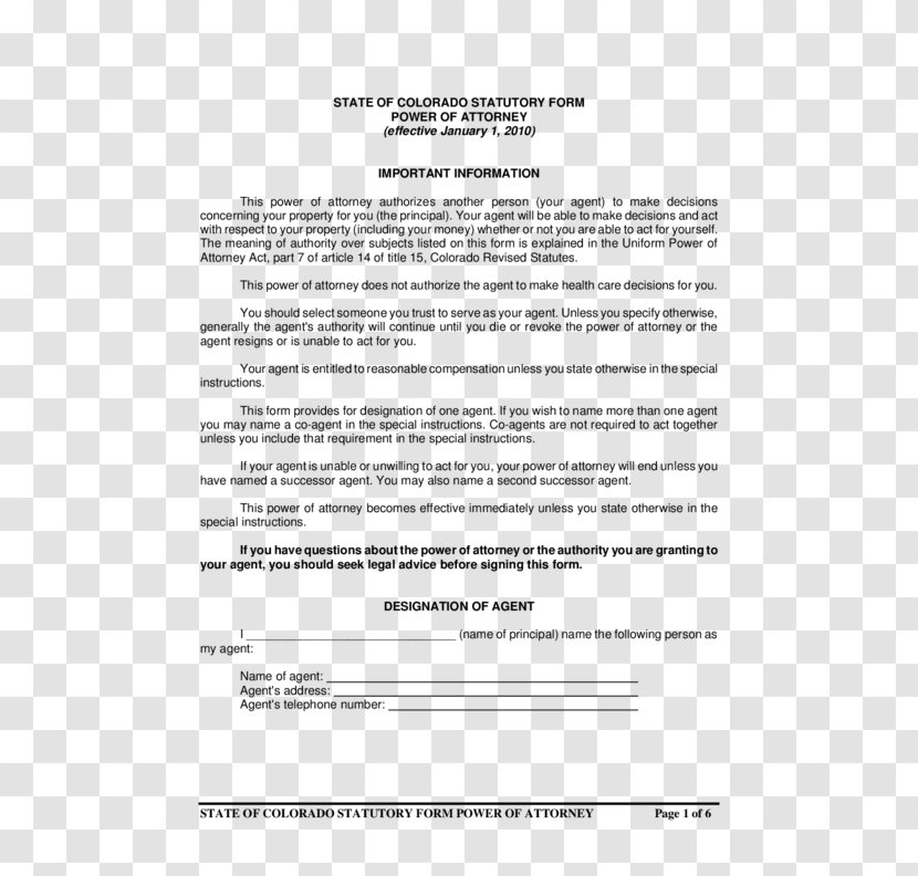 Colorado Form Power Of Attorney Template Document - Paper Transparent PNG