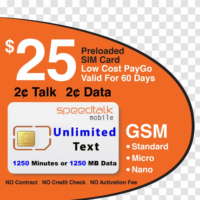 SpeedTalk Mobile Prepaid GSM SIM Card 250 Minutes Talk Text 200MB 4G LTE Data - Messaging - No Contract 30-day Wireless Service Prepay Phone Subscriber Identity ModulePrepaid Calling Cards Transparent PNG