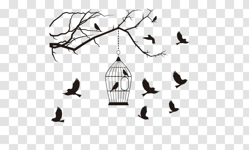 Bird Silhouette Clip Art - Monochrome - Cage With Birds Transparent PNG