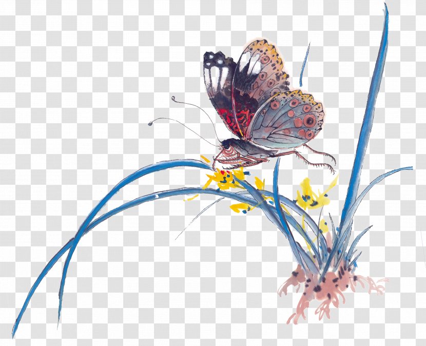 Insect Butterfly Ink Wash Painting Chinese - Waterflies Flower Blue Grass Style Transparent PNG