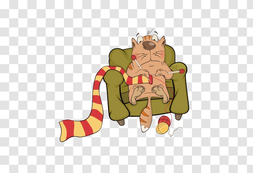 Cat Kitten Knitting Illustration - Fictional Character - Woven Scarves Sitting On Sofa Transparent PNG