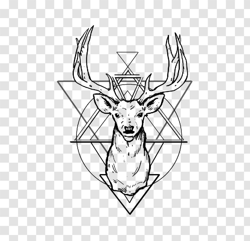 White-tailed Deer Tattoo Antler Drawing - Monochrome - Geometric Background Transparent PNG