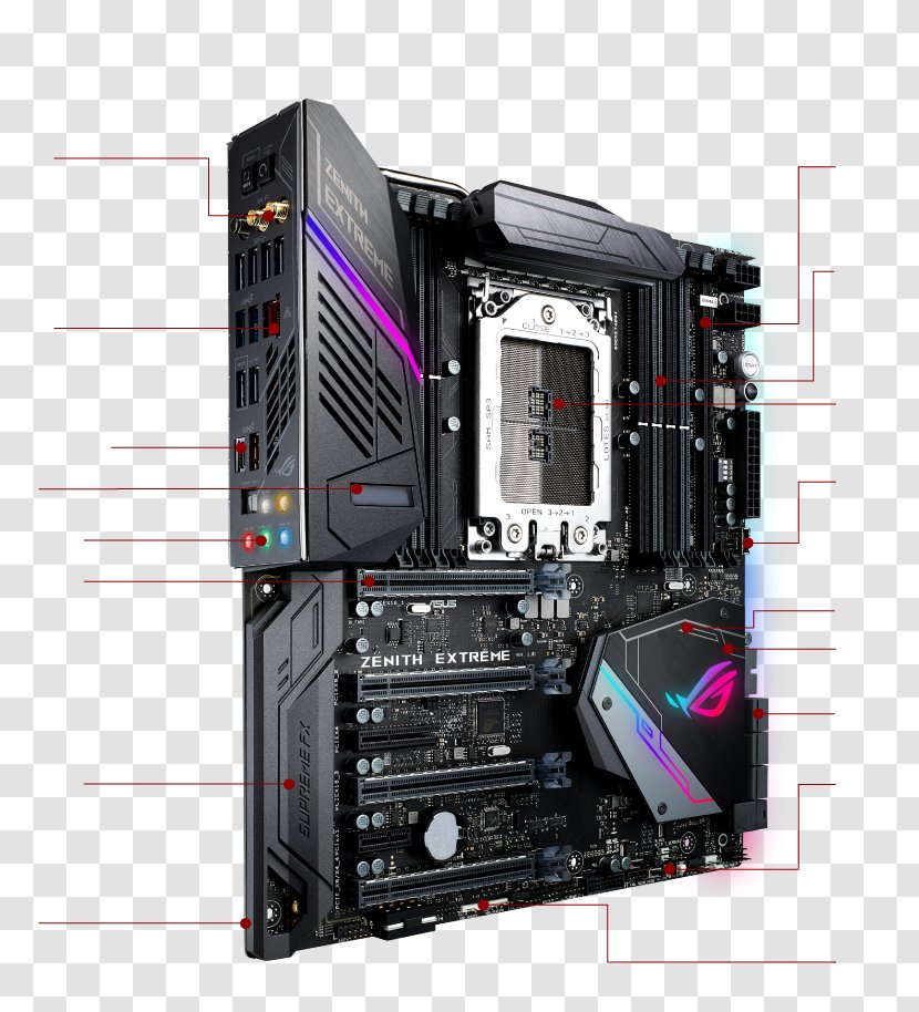 Mainboard Asus ROG Zenith Extreme PC Base AMD TR4 Form Factor E ASUS ZENITH EXTREME - Computer Accessory - MotherboardExtended ATXSocket TR4AMD X399Socket DDR4 SDRAMComputer Transparent PNG