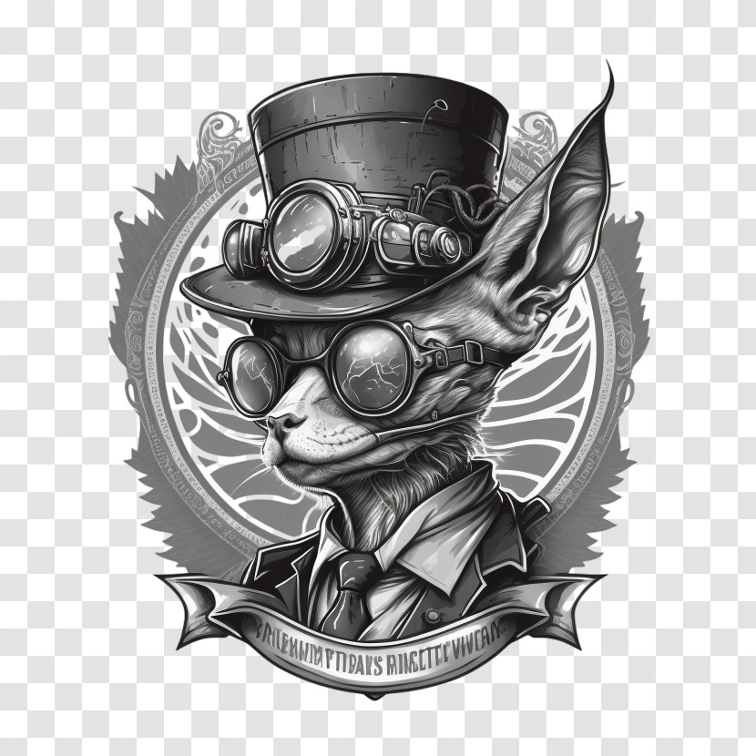 Monochrome - Steampunk Cat With Goggles And Top Hat Transparent PNG