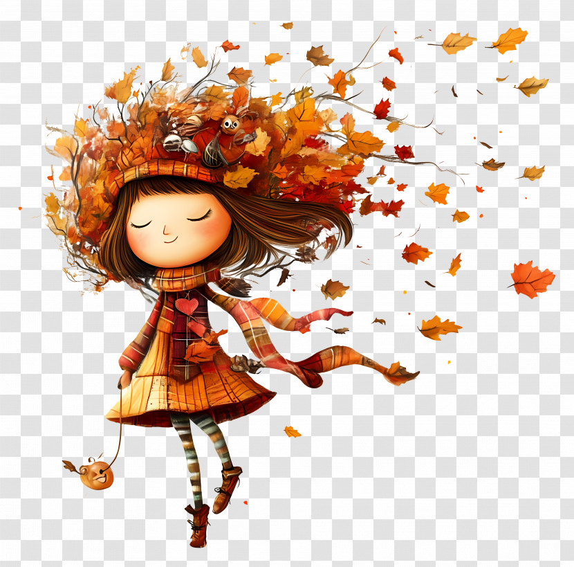 Autumn Girl - Cute Autumn Girl With Falling Leaves Transparent PNG