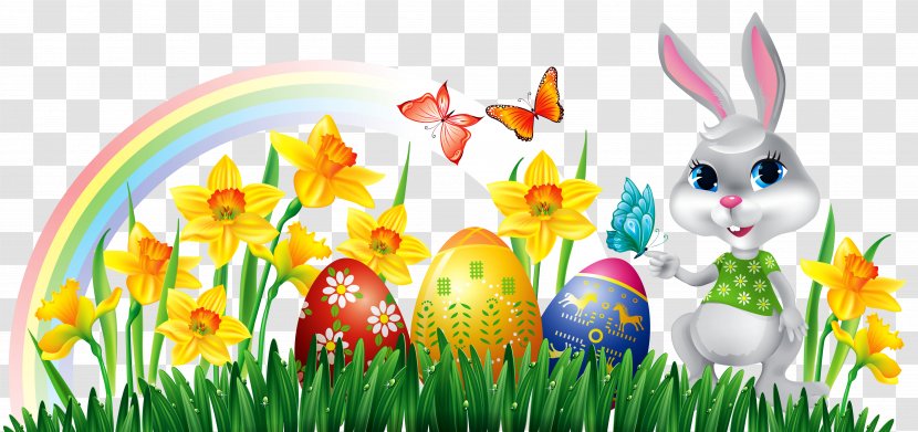 Easter Bunny Stock Photography Clip Art - Thumbnail - With Daffodils Eggs And Grass Decor Clipart Picture Transparent PNG