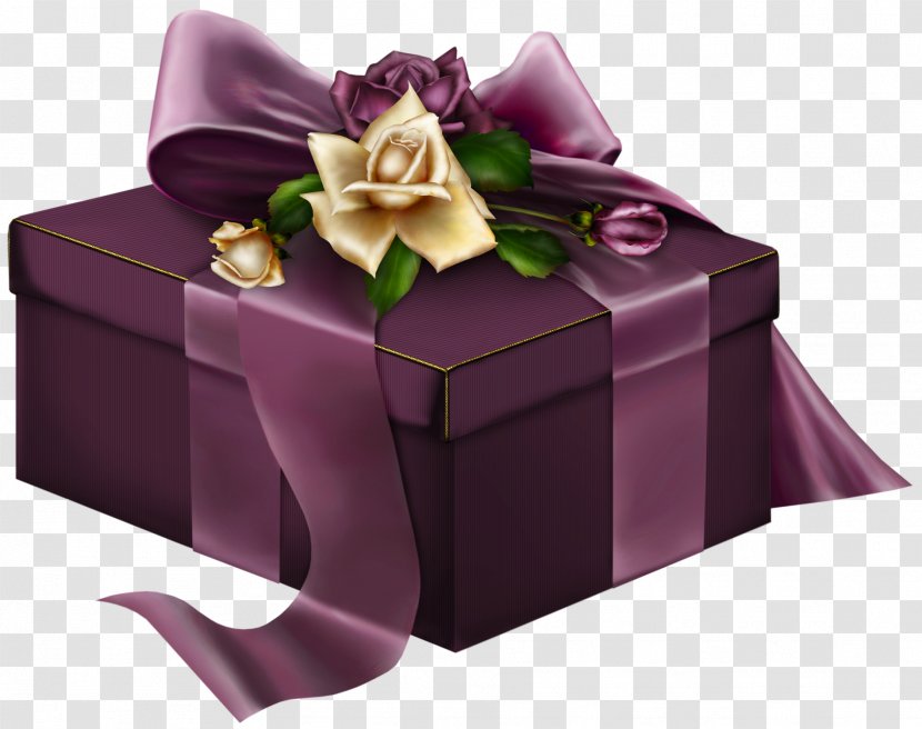 Christmas Gift Purple Clip Art - Card - 3D Present With Roses Clipart Transparent PNG