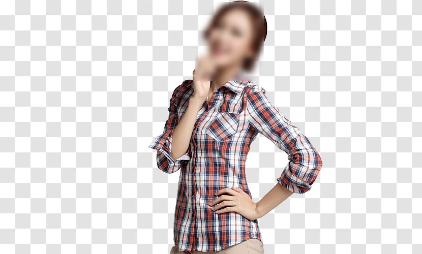 Blouse Shoulder Tartan Sleeve Button - Women Transparent PNG