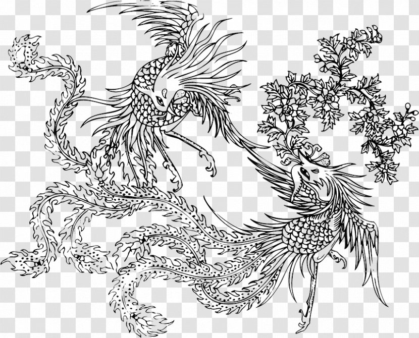 Black And White Fenghuang - Art - Phoenix Transparent PNG