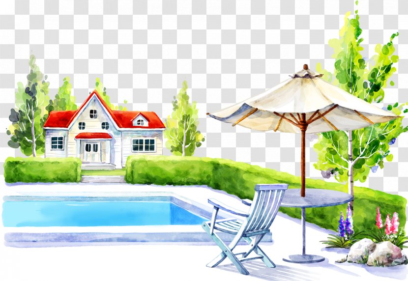Swimming Pool Table Cartoon Illustration - Family And Chairs Transparent PNG