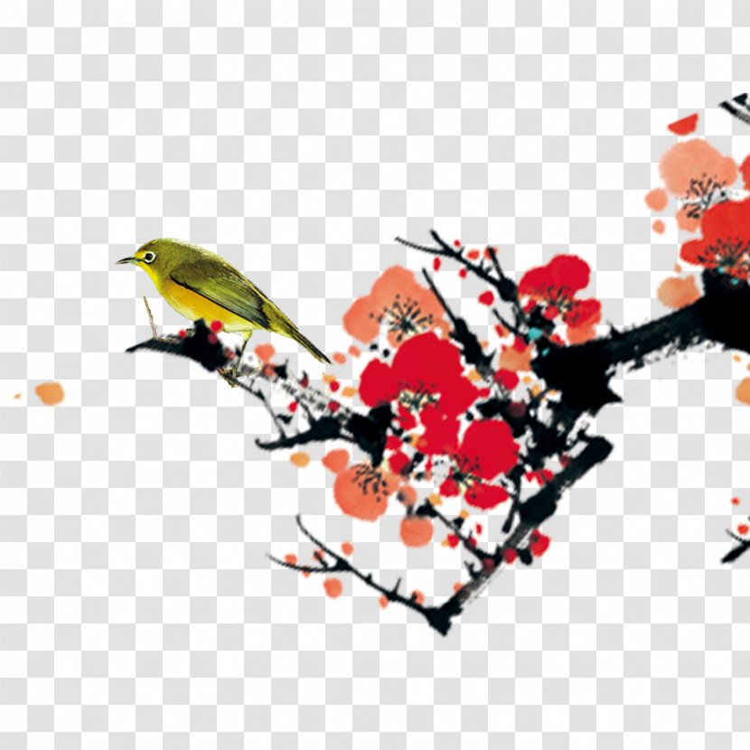Plum Blossom Ink Wash Painting Chinoiserie - Cartoon - Bird Transparent PNG