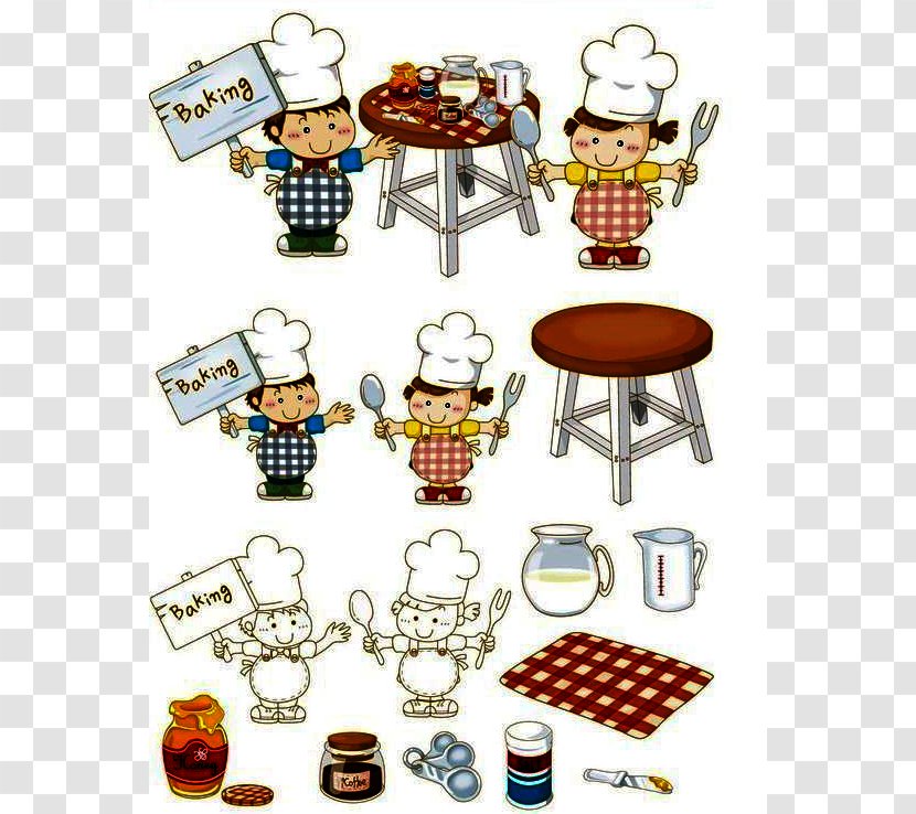 Cartoon Cook Illustration - Little Chef And Kitchen Utensils Buckle  Material Constituting Free Transparent PNG