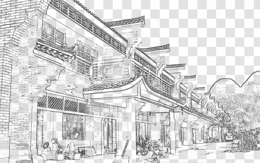 Black And White Drawing Sketch - Mixed Use - Ancient Town Play Landscape Transparent PNG